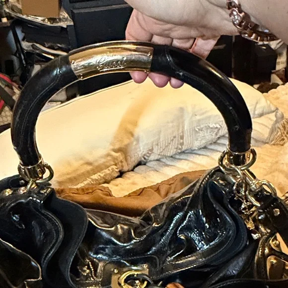 Gucci Black Patent Leather Hobo Bag Gold Hardware Tassel - Picture 5 of 13